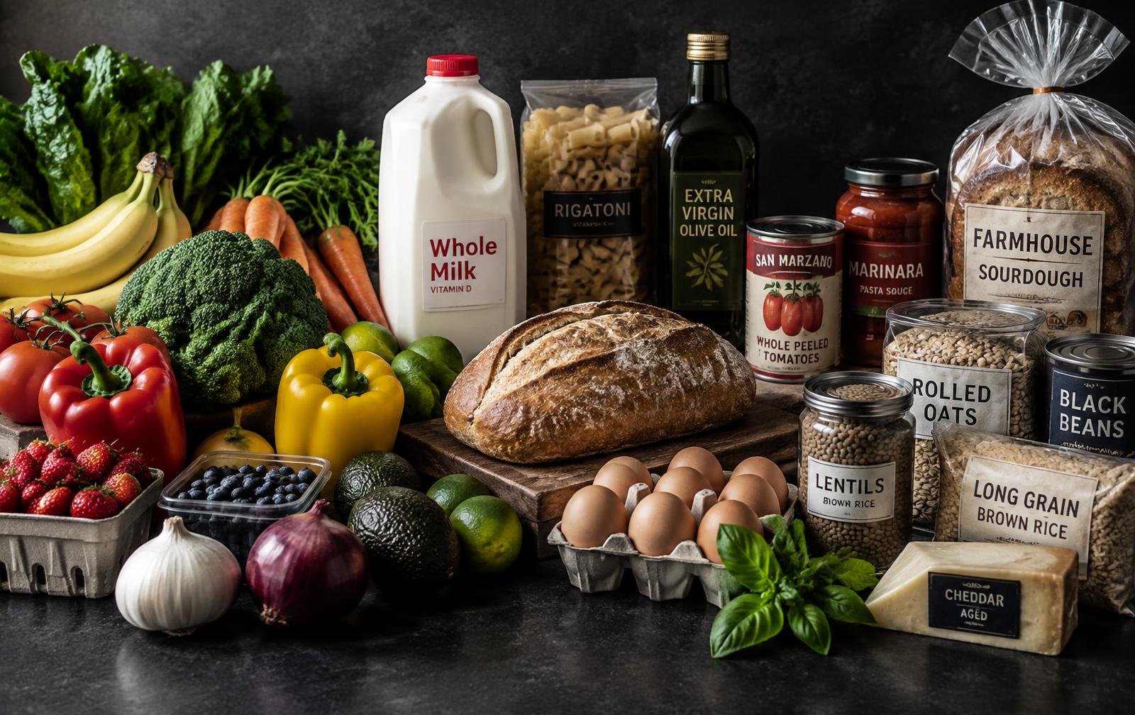 Fresh groceries including produce, bread, milk, eggs and pantry staples